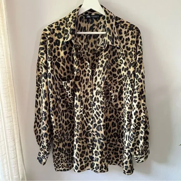Zara Animal Printed Leopard Oversized Blouse Button Down Shirt Collar - Picture 2 of 7